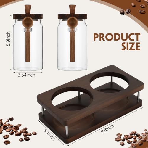 Suclain Glass Coffee Grounds Container with Shelf 2 x 29 oz Glass Coffee Bean Storage Canisters with Airtight Thread Lid and Measuring Spoon for Kitchen Sugar(Novel Style, Wood) - Image 2
