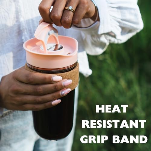 Large Travel Mug Loose Tea Infuser - Detachable Tea Strainer with Spill Proof Lid - 18oz/530ml BPA-Free Reusable Glass Travel Coffee Cup with Cork Band (Gray and Pink, 18oz) - Image 5