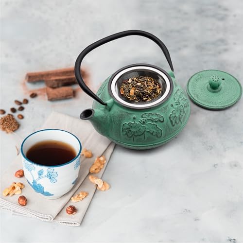 Zen Minded Traditional Japanese Cast Iron Tetsubin Stovetop Teakettle Teapot with Stainless-steel Mesh Loose-leaf Filter for Green Tea & Infusions 900ml Lotus Pattern - Emerald Green - Image 2
