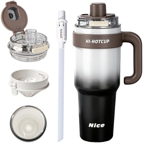 HI-Hotcup-42.58oz Insulated Stainless Steel Travel Mug with Handle, 316/Ceramic Liner Vacuum Tumbler, Leak-Proof Hot Cold Coffee Cup with Straw & Tea Infuser for Car, Outdoor-005 by Unknown