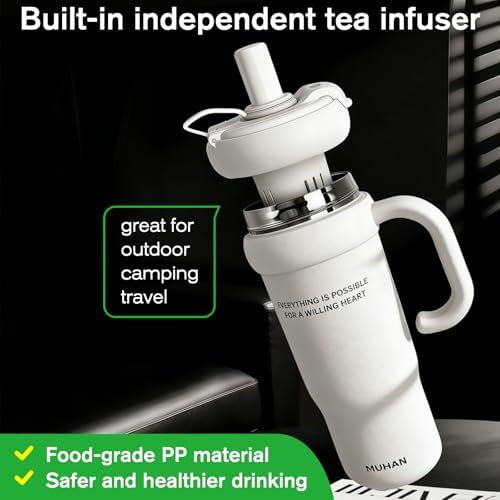 MUHAN 30oz Insulated Tumbler with Handle, Stainless Steel Water Bottle, Travel Mug (Steel Silver-316 stainless steel inner（Lid+tea strainer+Straw+handle）, MUHAN 30oz Insulated Tumbler with Handle) - Image 4