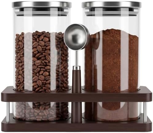 Suclain Glass Coffee Grounds Container with Shelf 2 x 44 oz Glass Coffee Bean Storage Canisters with Airtight Thread Lid and Measuring Spoon for Kitchen Sugar(Clean Style, Stainless Steel) by Suclain
