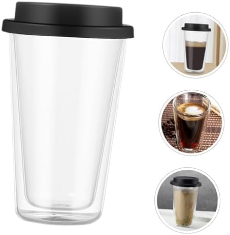 Happyyami Black Glass Coffee Mug with Silicone Lid 350ml Double Wall - Image 6