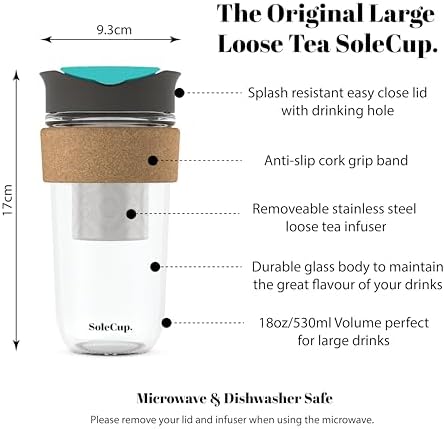 Large Travel Mug Loose Tea Infuser - Detachable Tea Strainer with Spill Proof Lid - 18oz/530ml BPA-Free Reusable Glass Travel Coffee Cup with Cork Band (Gray and Blue, 18oz) - Image 2