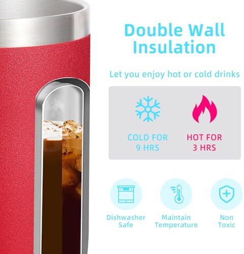 Volhoply 14oz Insulated Stainless Steel Coffee Mug with Lid Bulk 4 Pack,Double Wall Vacuum Travel Coffee Cup with Handle,Reusable Metal Cups Tumbler Cup,Camping Mugs Keep Hot,Ideal Gifts(Red,4) - Image 3