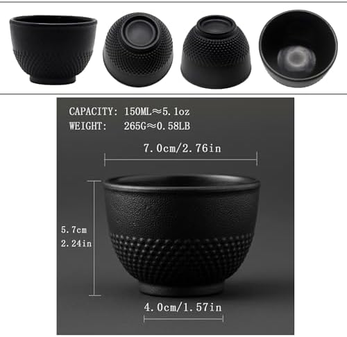 Japanese Cast Iron Tea Cups, Small and Heavy Teacups with no Handles, Japanese Style Cups for Adults, Asian Tea Cups, Coated with Enameled Interior, 4 Pcs/Box (Black, 5oz/150ml) - Image 7