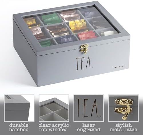 Rae Dunn Tea Bag Organizer - Tea Box Divided Storage Container Box with Hinge Lid for Kitchen Cabinet, Countertop, Pantry, Hold Coffee Pods, Seasoning Packets, Condiments, Grey - Image 4