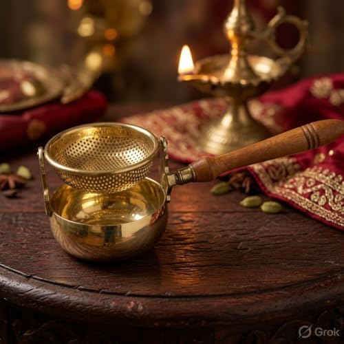 Traditional Pure Brass Tea Strainer with Fine Mesh and Handle - Image 3