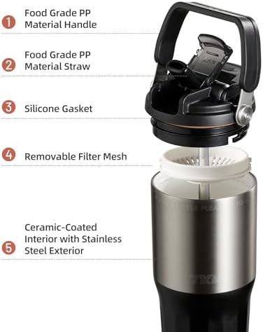 TKK 24 oz Ceramic Coated Tumbler with Straw Lid, 18/10 Stainless Steel Vacuum Tumblers, Leakproof Double Walled Iced Car Cup with Handle & Tea Infuser& Dishwasher Safe, for Hot & Cold Drinks, Black - Image 3