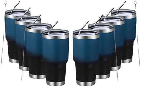 MEWAY 30oz Insulated Tumbler With Lids and Straws,Stainless Steel Double Vacuum Coffee Tumbler Cup, Brush, Durable Powder Coated Coffee Cup for Cold & Hot Drinks(Blue Black, 8 PACK) by MEWAY