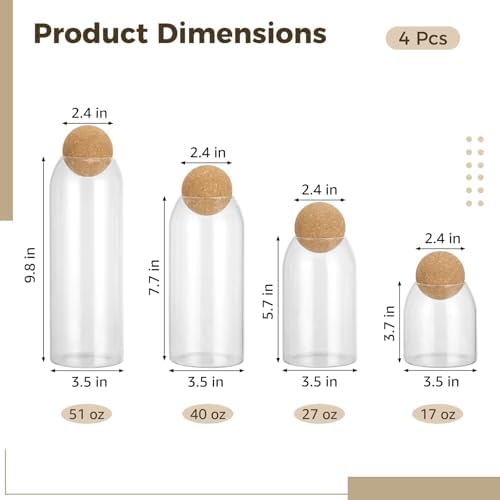 4 Pcs Storage Glass Jars, Spherical Cork Lid Airtight Canisters, Glass Food Storage Containers for Coffee Beans, Candies, Tea, Kitchen Counter Jars, 17 oz, 27 oz, 40 oz, 51 oz - Image 3