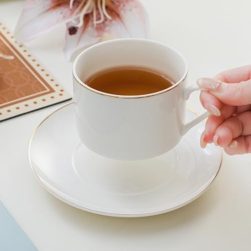 6.6oz White Porcelain Tea Cup and Saucer Set with gold, Set of 8 - Image 6