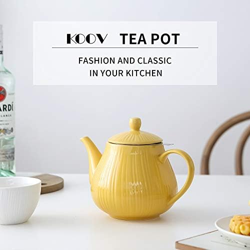 KOOV Ceramic Teapot with Infuser, 40 ounce Tea Pot with Infuser for Loose Tea, Large Enough For 6 Cups, Striped Series (Lemon) - Image 2