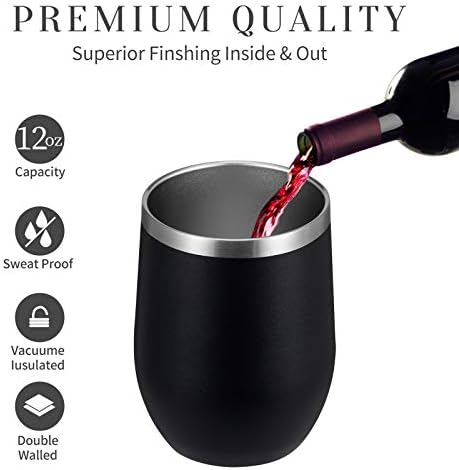 MEWAY 12oz/12 Pack Wine Tumbler Glasses with Lid -Double Wall Vacuum Stainless Steel Travel Tumbler Mug,Stemless Insulated Wine Cup for,Coffee,Cocktails,Gifts (Black,Set of 12) - Image 4