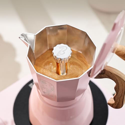 Bincoo Pink Espresso Maker Stovetop - Classic Aluminum Italian Coffee Maker,4 Cups Moka Pot for Italian and Cuban Café Brewing, Double Valve Extraction (Pink, 4 Cups) - Image 3