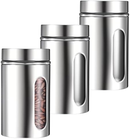 3 Pack Large Kitchen Canisters Set Airtight Coffee Sugar Tea Candy Storage Jars with Window Glass Stainless Steel Containers with Lids for Flour Cookies Spices Grains Kitchen Decorations(32oz) by Unknown