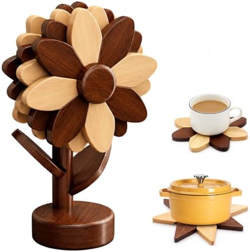 Sunflower Trivets for Hot Dishes, 5Pc Wooden Tree Trivet Stand Set by CYCAYIT