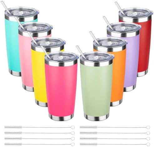 20oz Tumbler with Straw and Brush, Stainless Steel Vacuum Insulated tumbler, Double Wall Insulated Coffee Tumbler for Outdoor, Home, Travel,Office (Mix-1,8pcs) by ATIKZHE