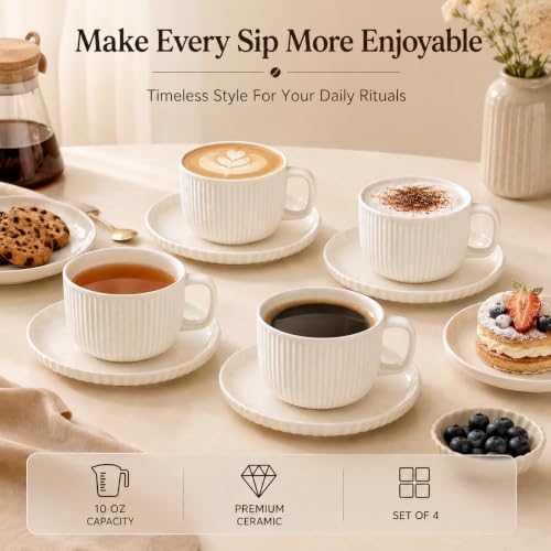 White Ceramic Coffee Cups Set of 4 with Saucers and Spoons - Image 3
