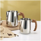 Milk Frother Cup,Coffee Jug,600/900ML Stainless Steel Milk Frothing Jug Precise Scale Wooden Handle Latte Coffee Cup Coffeeware Kitchen Cafe Accessories(Silver,900ML) - Image 6
