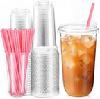 Ziliny 50 Sets Plastic Cups with Pink Heart Straws and Lids, Clear, 20 oz by Ziliny
