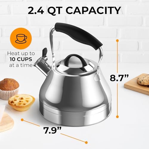 Stovetop Whistling Tea Kettle 2.4 QT / 2.3L, Stainless Steel Water Kettle for Induction, Gas & Electric Stoves, Fast Boiling Tea Kettle with Loud Whistle, Cool Touch Handle, Wide Lid, Shiny, Silver - Image 4