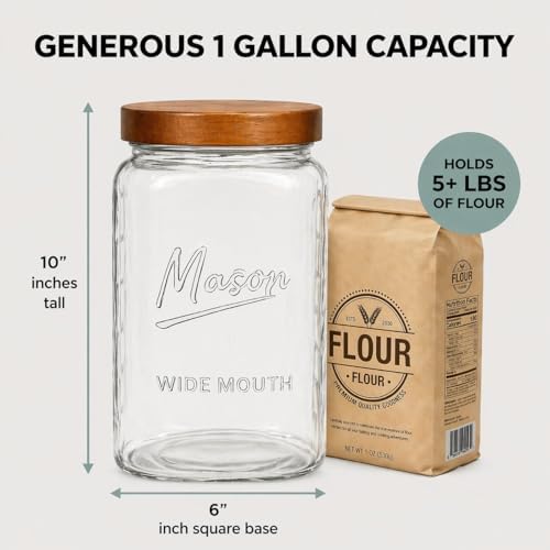 1 Gallon Glass Jar with Wooden Lid - Extra Large Mason Jar Wide Mouth with Airtight Wood Lid - Square Glass Storage Container with Measurement Markings for Flour, Sugar, Cookies & Pickling - Image 4
