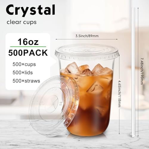 Ziliny 500 Sets 16oz Clear Plastic Cups with Lids Straws Disposable Cups - Image 3