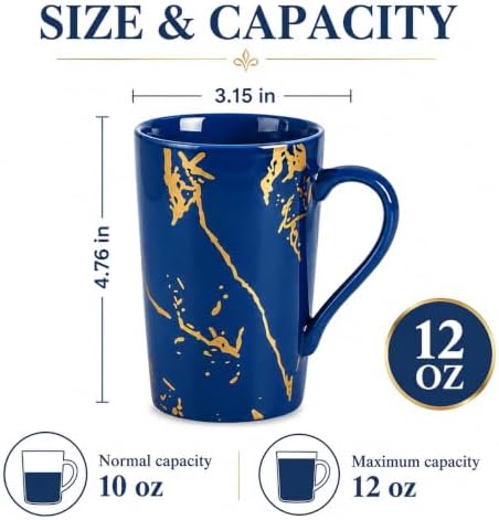 Blue and Gold Coffee Mugs Set of 6, 12 oz Porcelain - Image 3