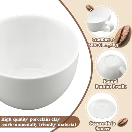 4 Set 16oz Cappuccino Cups with Saucers, Heavyweight Porcelain - Image 4