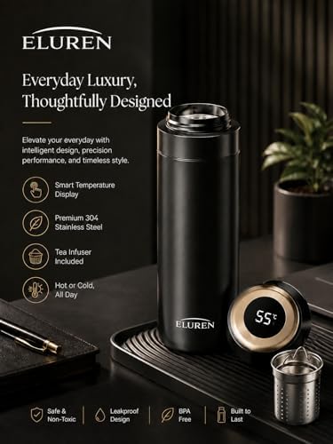 Vacuum Insulated Stainless Steel Thermal Smart Water/Coffee/Tea Tumbler & Flask with Tea Infuser, LED Temperature Display, One-Click Opening, Leak-Proof, Keeps Drinks Hot or Cold for Hrs, Black - Image 4