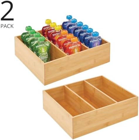 mDesign Bamboo Pantry Organizer Bin Box, 3 Sections - Wooden Stackable Basket Crates for Food, Produce, Vegetable Storage - Use on Shelves or in Closet, 2 Pack, Natural/Tan - Image 2