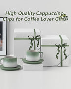 ZENS 8 Ounce Artistic Cappuccino Cups Set of 2, Embossed Ceramic Coffee Mug with Saucers for Latte Art, Moss Green & White - Image 6