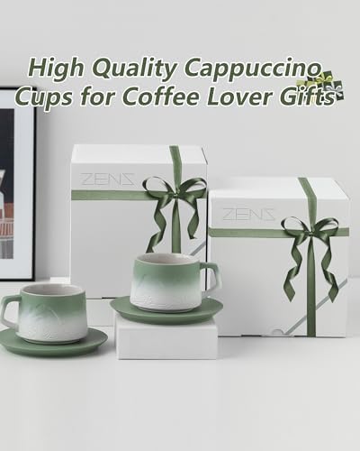 ZENS 8 Ounce Artistic Cappuccino Cups Set of 2, Embossed Ceramic Coffee Mug with Saucers for Latte Art, Moss Green & White - Image 6