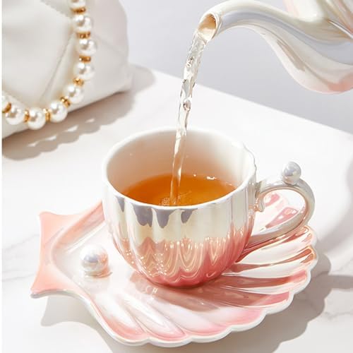 Pearl Shell Cup and Saucer - 8oz Gradient Ceramic Coffee Mug, Vintage Tea, Cappuccino, Latte Art for Birthday Gift (Gradient Pink) - Image 2