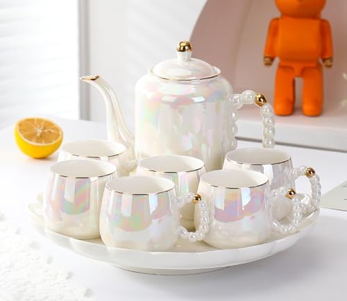 White,B, Coffee Cup Set,Pearl White Porcelain Tea Sets, Pearl Handle Design Tea Cup Set, with Teapot Teacups Tea Plate, Tea Set for Tea/Coffee by TOERVIOZ