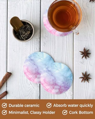 Coaster for Drinks 4 Pack,Natural Marble Agate Stone Texture Absorbent Round Ceramic Stone with Cork Base,Pink Blue Gradient Drink Coaster Cup Mats for Home Dining Coffee Tables - Image 5