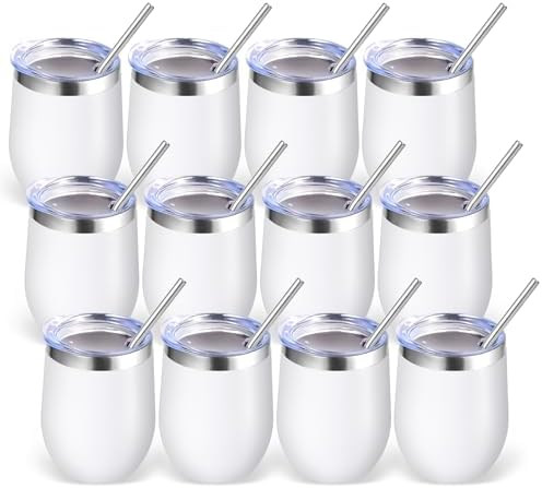 Volhoply 12oz Stainless Steel Wine Tumbler with Lid Bulk 12 Pack,Double Wall Vacuum Stemless Wine Glasses,Reusable Metal Travel Coffe Mug with Straw,Insulated Cups Gifts for Christmas（White,12 Set） by LiveFully%EF%BC%8CDrinkFreely%E2%80%94KeepGoingwithVolhoply%EF%BC%81