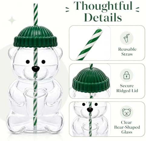 Cute Bear Glass Tumbler with Lid and Straw, 20 oz, Pink - Image 7
