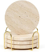 Natural Travertine Drink Coasters Set of 4 with Holder, 4" Round by YONGHEE