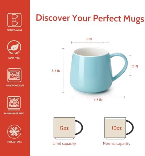 Sweese Porcelain Coffee Mugs Set of 6, 12 Ounce Coffee Cups with Handle for Coffee, Tea, Cocoa, Blue Assorted Colors Coffee Mugs with Modern Design for Great Gift Option, Microwave Safe - Image 2