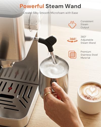 Kismile 20 Bar Espresso Machine with Milk Frother, Compact Coffee Machine & Cappuccino Machine for Home, Durable Metal Housing, 1.4L Removable Water Tank & Cup Warmer, Stainless Steel Filter - Image 4