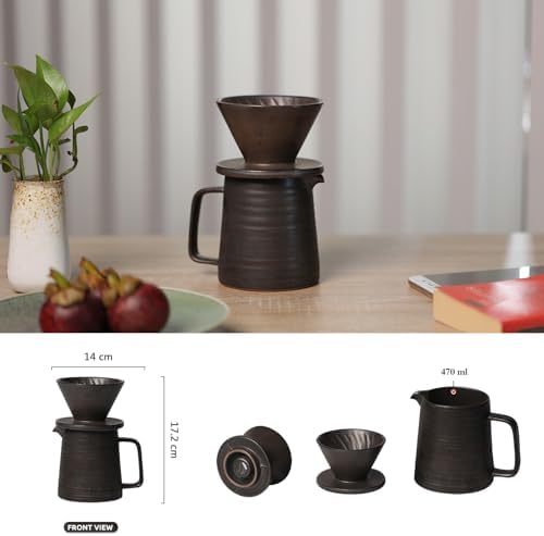 Stoneware Handmade Pour Over Coffee Maker Set, Ceramic Coffee Brewer Hand Drip Cone Dripper & Coffee Pot Microwaveable Decanter, Retro Metallic Glaze, 16oz - Image 4