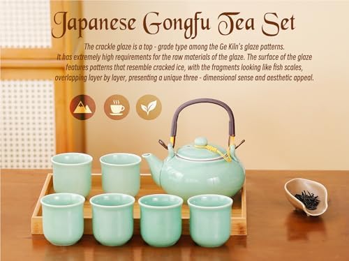 Japanese Tea Set for Adults, Japanese Gongfu Tea Set with 1 Teapot (23.5oz/700ml), 6 Tea Cups(4oz/120ml), Tea Tray & Stainless Infuser, Japanese Teapot Set Tea Gift Set (Kiln Mint Green) - Image 2