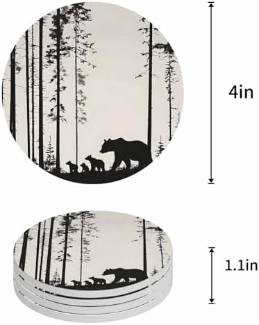 Coasters for Drinks Set of 8 Abstract Bear Family Forest Trees Natural Scenery Silhouette Ceramic Cup Mat, Absorbent Ceramic Stone Coasters with Cork Base for Coffee Cups Table Home Decor 4 Inch - Image 5