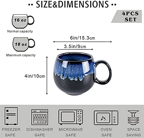 UNICASA Coffee Mugs Set, 18oz Ceramic Jumbo Mugs Set of 4, Porcelain Cereal, Soup Cups with Handles for Coffee, Tea, Milk, Latte and Cocoa, Microwave Safe - Reactive Blue - Image 2