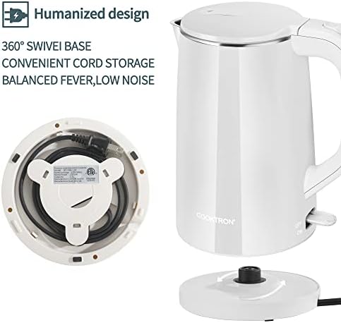 COOKTRON 1.7L Electric Kettle Quiet, Double Wall Hot Water Boiler BPA-Free, Quiet Boil and Cool Touch Tea Kettle, Cordless with Auto Shut-Off & Boil Dry Protection, 1500W Fast Boiling, White - Image 5