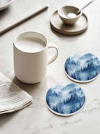 Coaster for Drinks 4 Pack,Forest Tree Mountain Absorbent Round Ceramic Stone with Cork Base,Watercolor Blue Natural Scenery Drink Coaster Cup Mats for Home Dining Coffee Tables - Image 2