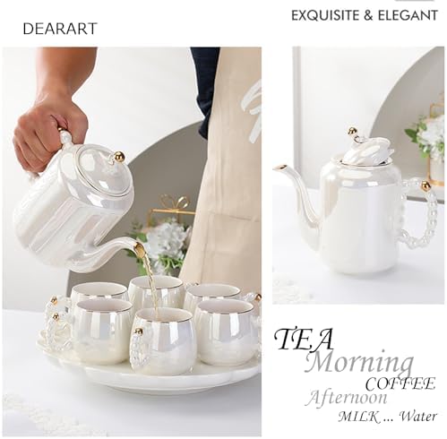 DEARART Luxury Pearl Ceramic Tea Set, 1 Teapot & 6 Cups with Serving Tray, Gold Rim Beaded Handle Porcelain Coffee Tea Service Set, Elegant White Tea Cup Set for Home Kitchen, Afternoon Tea etc - Image 2