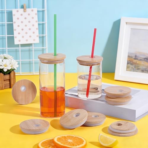 60 Pcs 2.76Inch Bamboo Jar Lids with Straw Hole for Glass Cups, Bamboo Canning Jar Storage Lids with Silicone Ring Glass Cup Covers for Regular Mouth Drinking Jars - Image 4